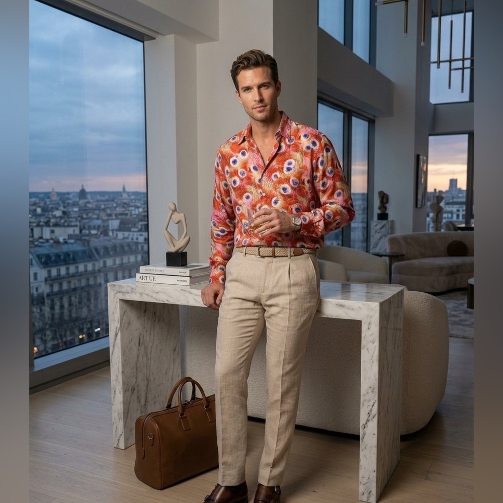 VNTG Man Seta Shirt Men M 100% Silk Button Up Long Sleeve Abstract 90s artistic